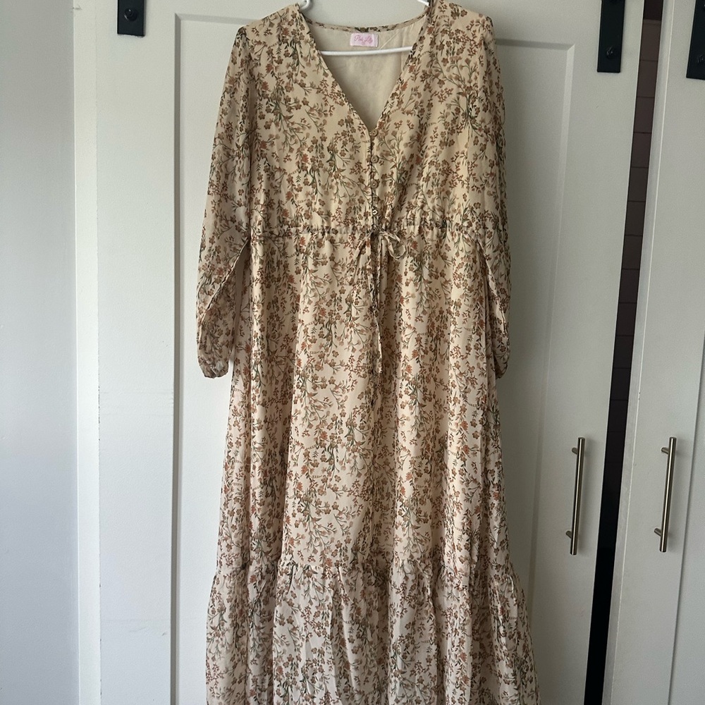 Cream Ruffled Tiered Sundress with Bishop Sleeves